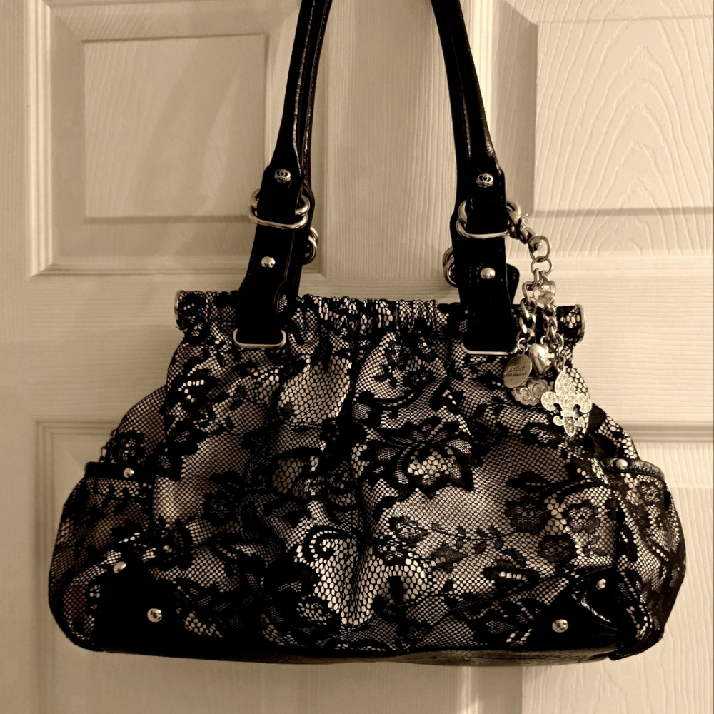 Original Kathy Van Zeeland Black Lace Bag with Silver Hardware